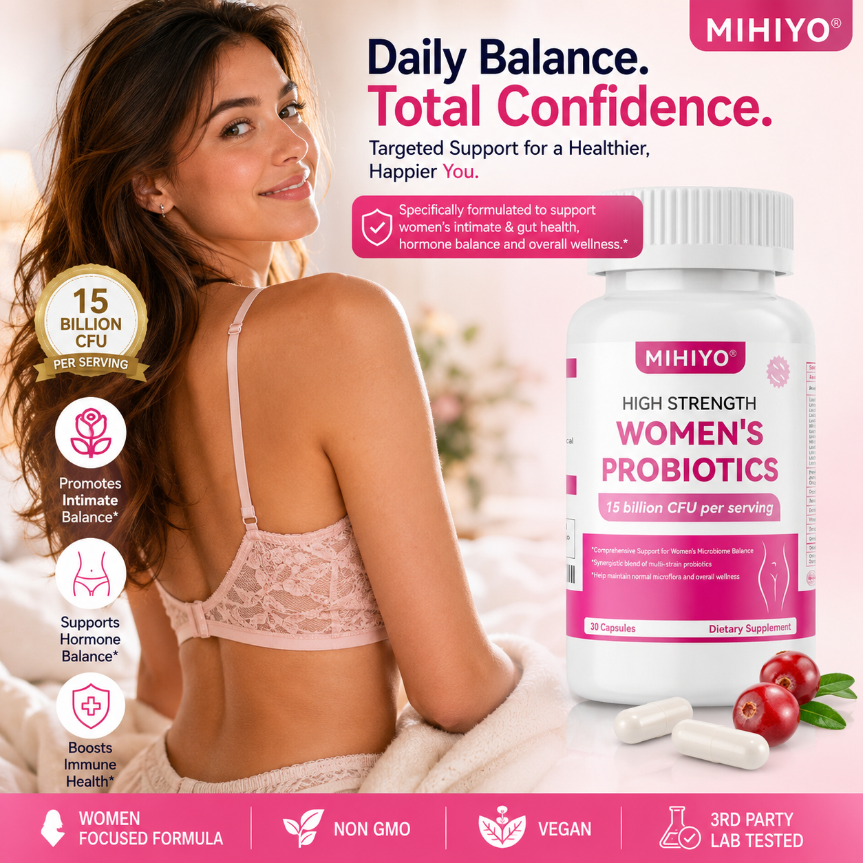 MIHIYO Women's Probiotics 15 Billion CFU | 14-Strain Probiotic with Cranberry & D-Mannose | 30 Capsules