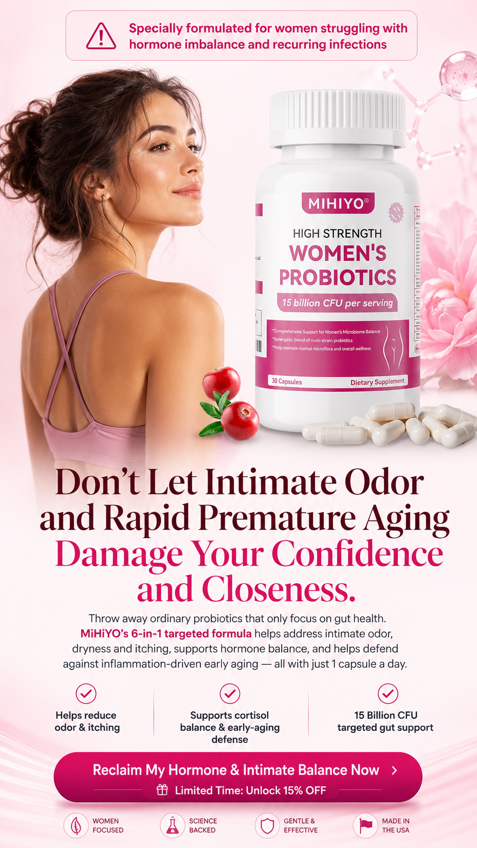 MIHIYO Women's Probiotics 15 Billion CFU | 14-Strain Probiotic with Cranberry & D-Mannose | 30 Capsules
