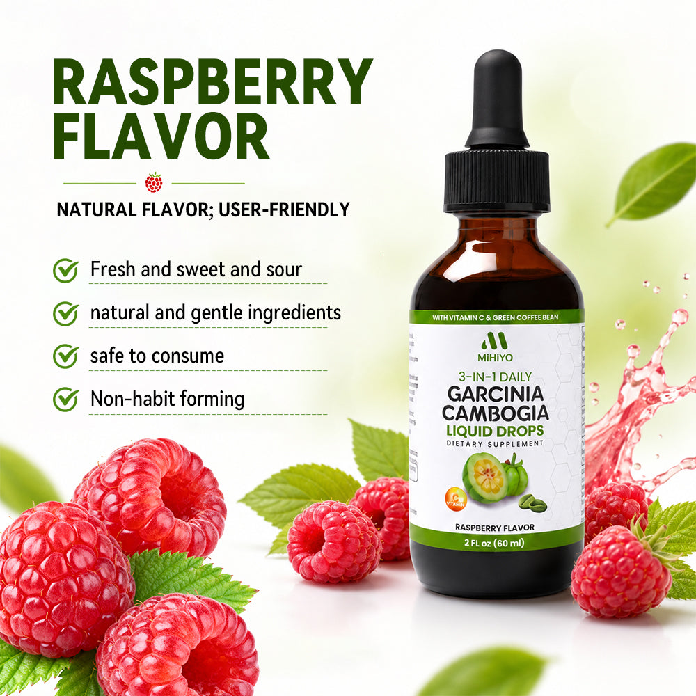 MiHiYO Garcinia Cambogia Liquid Drops | 3-in-1 Daily Wellness Formula | Raspberry Flavor | 2 Fl Oz (60ml)