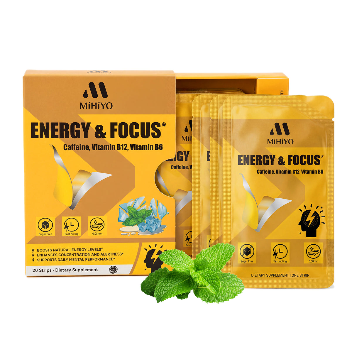 MIHIYO Energy & Focus | Caffeine & Vitamin B12 Fast-Acting Oral Dissolving Strips | 20 Strips