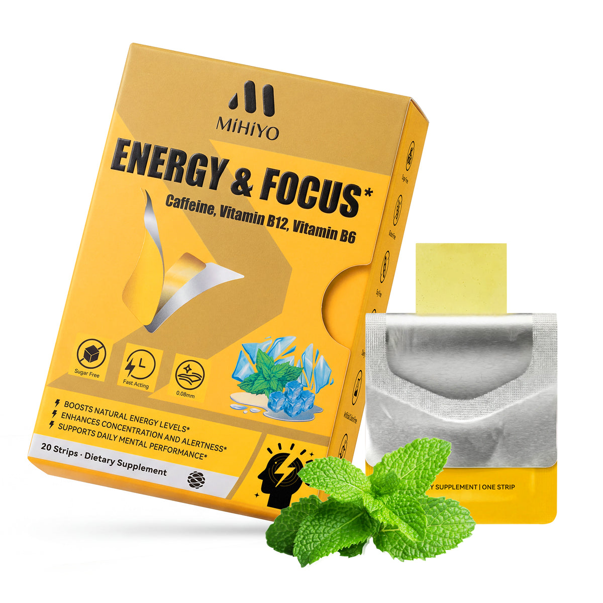 MIHIYO Energy & Focus | Caffeine & Vitamin B12 Fast-Acting Oral Dissolving Strips | 20 Strips